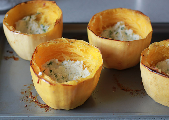 preparation of 3-cheese stuffed spaghetti squash