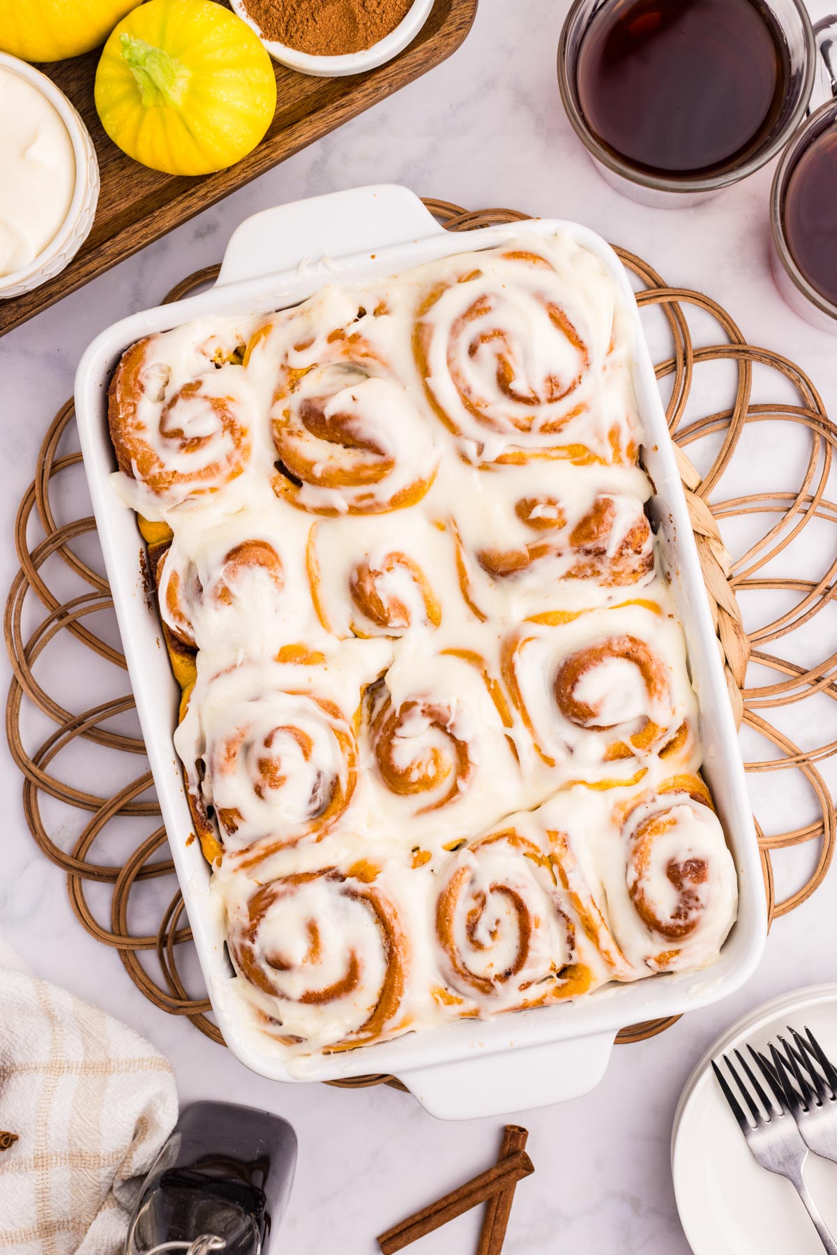 top view of a tray full of pumpkin cinnamon rolls
